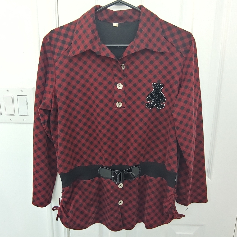 Checkered Women Teddy Bear Sweater Top